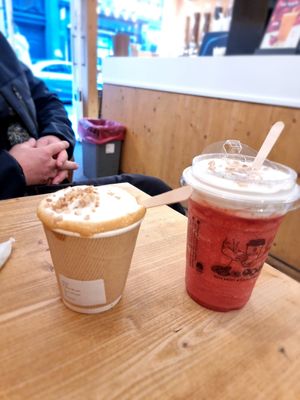 Drinks - strawberry with ice and coffee with nut cream at NUTTEA - Soho in London