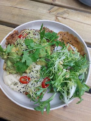 bread with vegan minced meat, mashed avocado, hummus, mustard and salad (big portion) at FACTORY GIRL Restaurant in Berlin