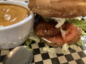 Vegan chickn sandwich in bbq sauce with beer cheeze soup  at The Green Owl Cafe in Madison