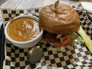 Vegan chickn sandwich in bbq sauce with beer cheeze soup  at The Green Owl Cafe in Madison