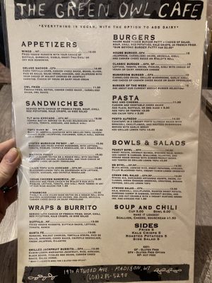 Menu  at The Green Owl Cafe in Madison