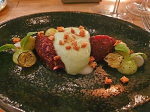 Beetroot, cucumber, roasted onion cubes at Kale & de Bril in Goes