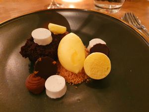 Brownie, panna cotta, dark chocolate, sorbet with star anise, ganache at Kale & de Bril in Goes