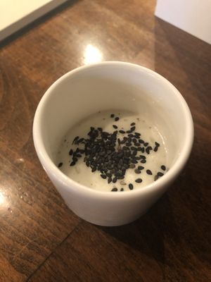 Appetizer: kohlrabi cubes with wakame gel, wasabi and veganaise foam with sesame at Kale & de Bril in Goes