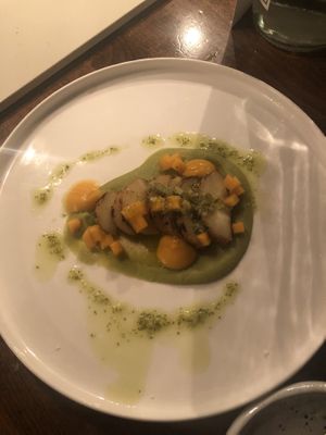 Second course adapted to the request of no mushrooms: grilled parsnip, pumpkin, peasoup and a dressing of oil, garlic and parsley. at Kale & de Bril in Goes