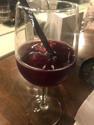 Third course drink: cranberry, blueberry and an alcohol-free cava. at Kale & de Bril in Goes