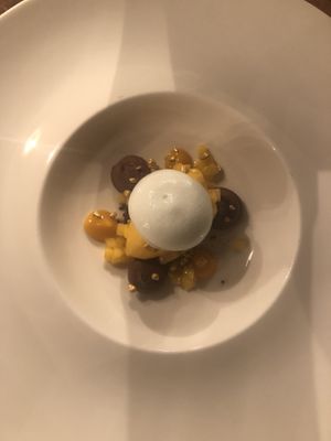 Sixth course/ dessert: mango sorbet with mango in olive oil, mango cream, chocolate mousse,  gold nuggets and a foam of cardamom. at Kale & de Bril in Goes