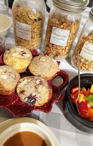 Cherry almond homemade muffins, omg. Take home some granola too! Each one is so good at Black Sheep Inn in Hammondsport