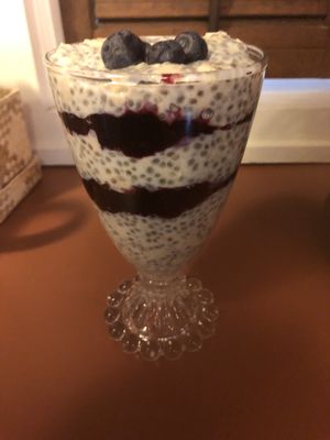 Overnight oats with blueberry compote  at Black Sheep Inn in Hammondsport