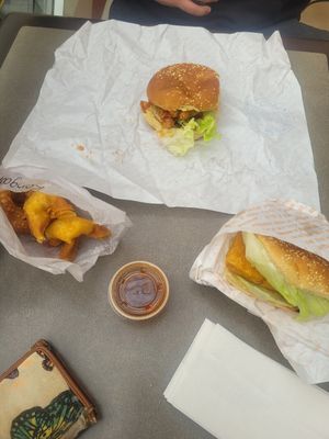 Cream cheese rangoons, General Tso's burger, and fish filet sandwich at VeGreen Burger in Kennesaw