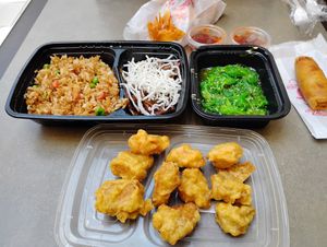 Mongolian beef, fried rice, Cheese Rangoon, chicken nuggets, spring rolls, and seaweed salad  at VeGreen Burger in Kennesaw