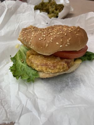 Vegan chicken burger with spicy mayo and vegan cheese  at VeGreen Burger in Kennesaw