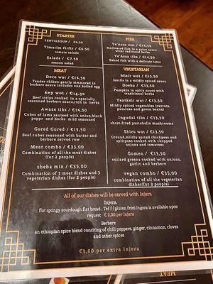 The menu on 6 November 2021.  at Queen of Sheba in Amsterdam