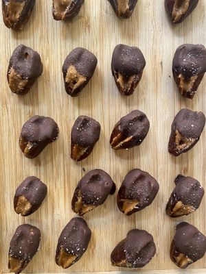 Dates filled w/ hazelnut, peanut butter, cacau 85% and pink salt  at O Jardim da Jujé in Lisbon