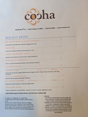 Menu at Cocha in Baton Rouge
