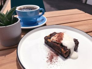 Housemade brownie with pour over at The Studio Beans in Carnegie