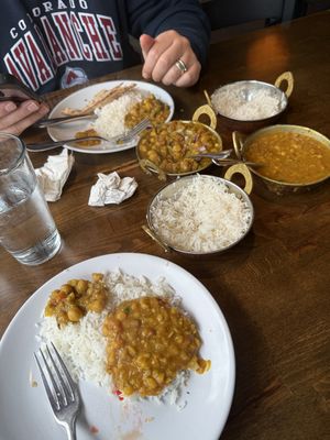 Dal takda and Chana masala with basmati rice and roti (no butter)   at Royal Indian in Bar Harbor