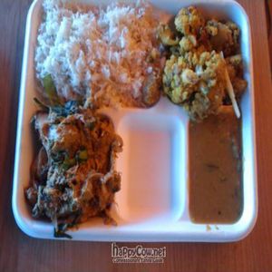 Two item combo: Jackfruit, Aloo Gobi, dal, and rice. at Samosa House East in Culver City