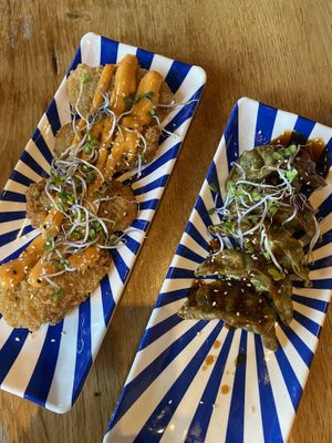 Vegan crispy strips and the dumplingss  at Xu Noodle Bar in Tilburg