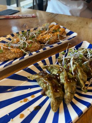Vegan crispy strips and the dumplings  at Xu Noodle Bar in Tilburg