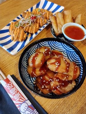 Vegan Crispy Strips (Fried Tempeh), Tempura Sweet Potato, Spring Rolls at Xu Noodle Bar in Tilburg