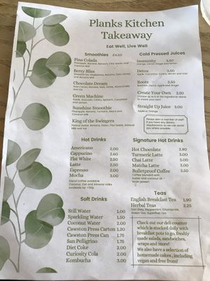 Takeaway menu at Planks Kitchen in Preston