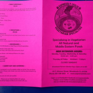 6-11-16 menu picture at Expressly Leslie Vegetarian Specialties in Woodstock