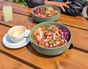 Vegan bowls and oat latte. Loved the chickpea bowl! at The View in Swansea