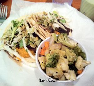 Black bean & sweet potato tacos, veg in peanut sauce, kale banana peanut butter smoothie at The Wild Cow in Nashville