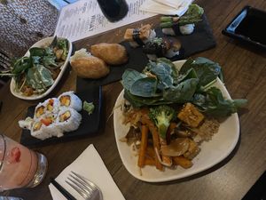 Teriyaki Stir Fry & One of each Vegan Sushi option  at Yamagoya Sushi in Fernie