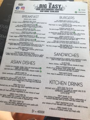 Menu at The Big Easy in Koh Rong