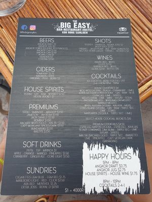Drinks menu at The Big Easy in Koh Rong