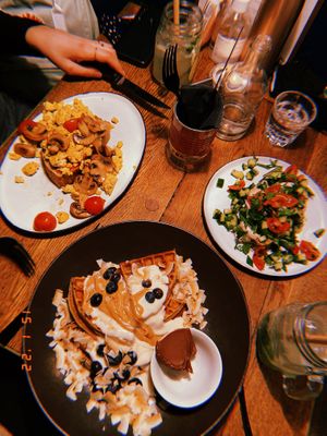 Tofu scramble, hummus toast and queen waffle  at Flavour Bastards in Copenhagen