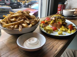 Truffled fries and scrambled tofu toast  at Flavour Bastards in Copenhagen