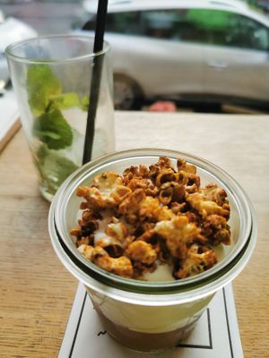 Chocolate mousse with whipped cream and salted caramel popcorn at Flavour Bastards in Copenhagen