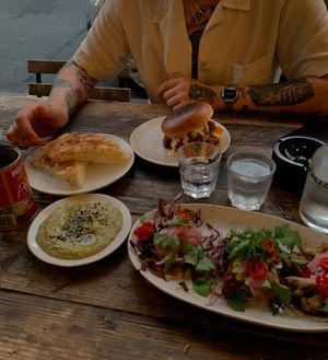flatbread, baba ganoush, pulled jackfruit burger and tacos   at Flavour Bastards in Copenhagen