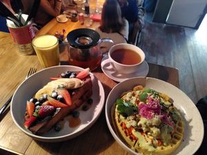Vegan french toast and 4 corner waffle at Flavour Bastards in Copenhagen