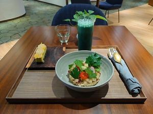 Corn Millet Salad, Citrus Cheese Cake, Nourishing Smoothie at Sakti Elixir at Fivelements Habitat in Hong Kong Island