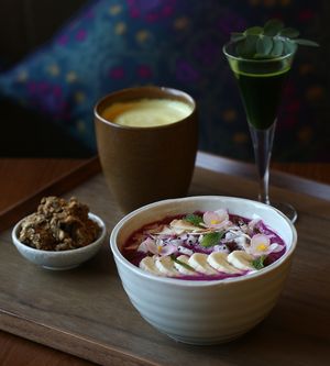 Breakfast - Turmeric Latte with Purple Dragon Fruit Bowl at Sakti Elixir at Fivelements Habitat in Hong Kong Island