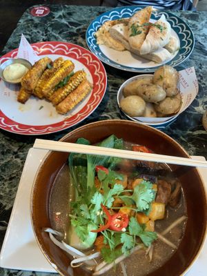 Pho, cajun corn ribs, Jersey Royals potatoes and houmous with flat bread    at Jersey Crab Shack in Jersey