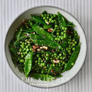 Pea, pecan and mange tout salad with lemon zest and a hint of chilli  at The Kitchen at Blackberry Farm in Glastonbury