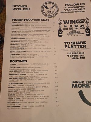 Full look at side 1 of menu. Other vegan options available. at The Moose in Paris
