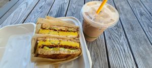 Mocha and breakfast sandwich at Olena Cafe in Honolulu