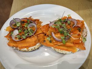 Carrot lox bagel with cashew cream cheese  at Olena Cafe in Honolulu