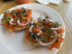Vegan bagel with vegan salmon  at Olena Cafe in Honolulu