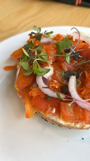 Vegan bagel with vegan salmon  at Olena Cafe in Honolulu