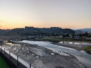 View of the Kumagawa River in the morning (next to Yoga area) at Ryokan Ayunosato in Hitoyoshi