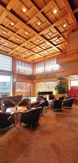 Hotel lobby. Lavishly furnished in Japanese style. Look at the ceiling design! at Ryokan Ayunosato in Hitoyoshi