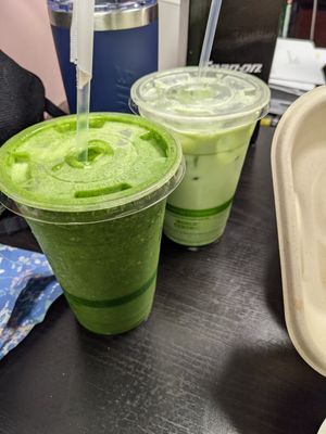 Bruce banner smoothie with iced matcha latte w almond date milk at The Lights in Charlotte