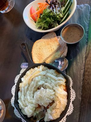 Vegan Shepard’ Pie, bread, salad  at The Crafty Irishman in Dallas